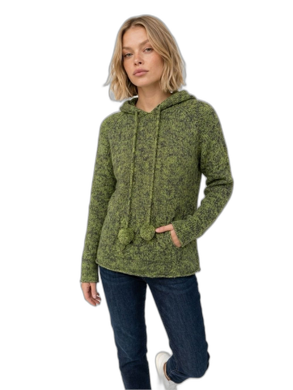 Athleta Sweater Women’s Medium Green Knit Hoodie with Pom-Pom Ties Wool !
